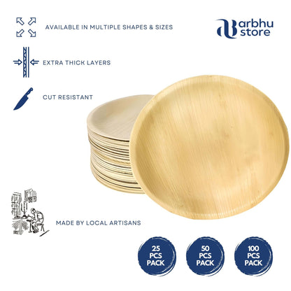 stack of 10 inch round areca palm leaf dinner plates